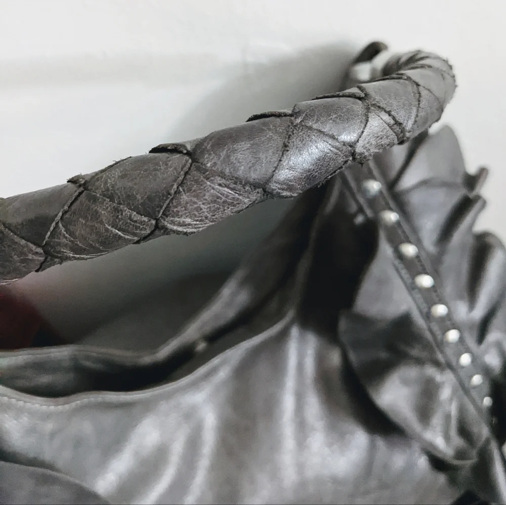 Susan Farber Sicily Metallic Gray Studded Ruffle Hobo Bag